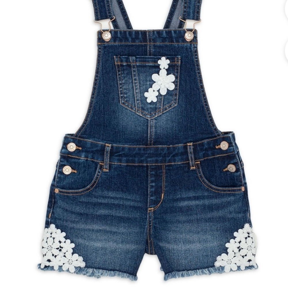 Jordache Dark Enzyme Wash Floral Crochet Denim Shortall Overall Shorts